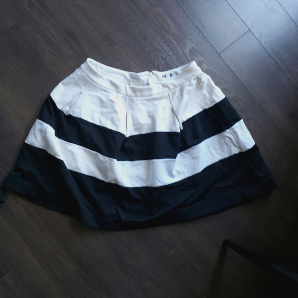 Express mini fit n flare black and white striped skirt front pleats